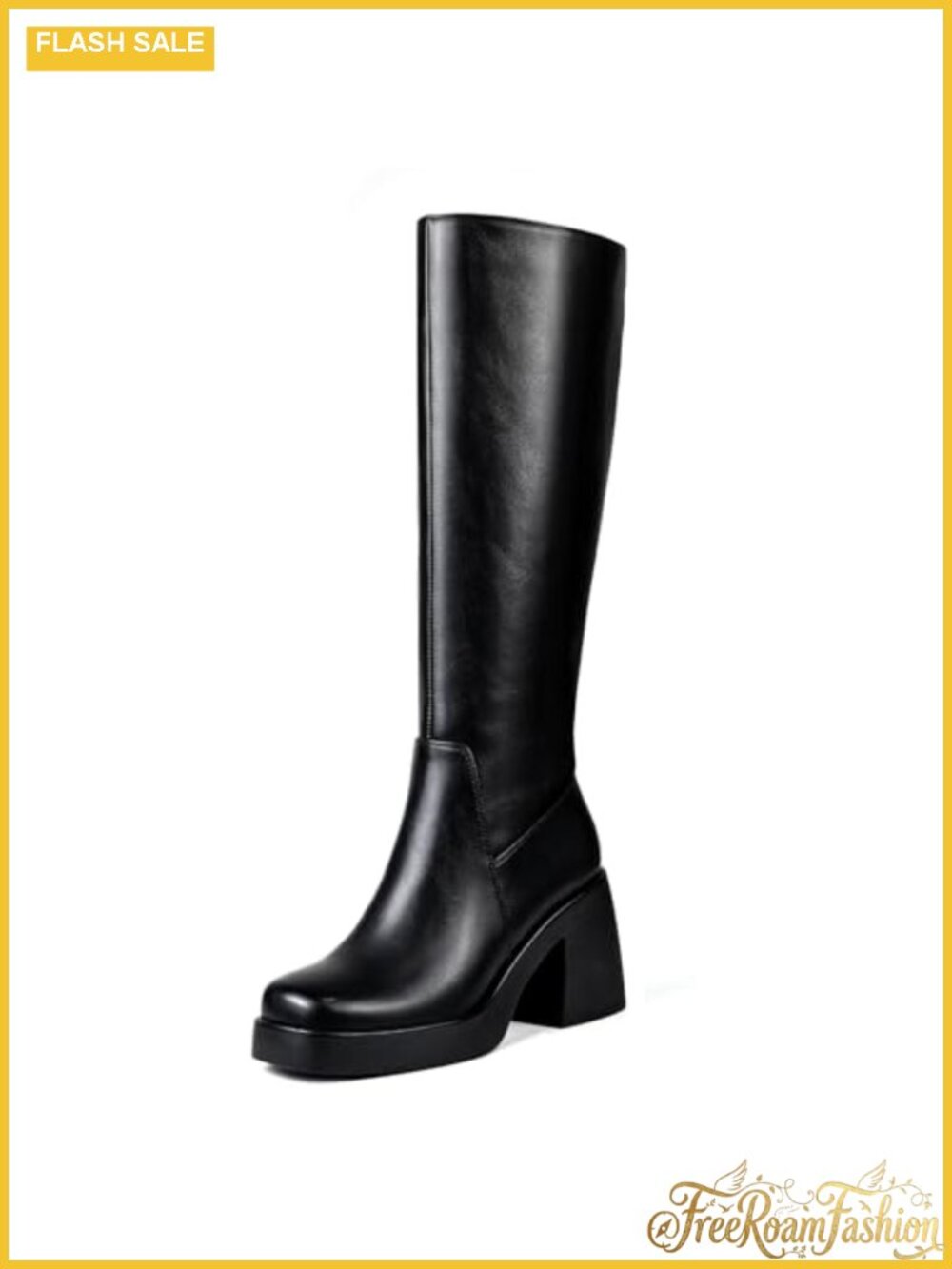 Platform Knee High Boots Chunky Heel Square Toe Faux Leather